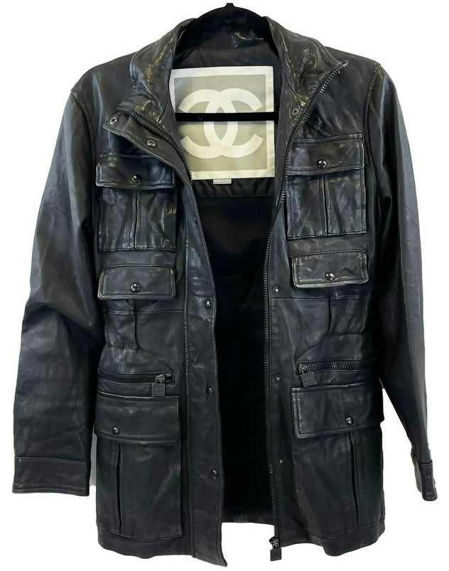 Chanel 07A Black Lambskin Leather Utility Jacket Coat FR 40