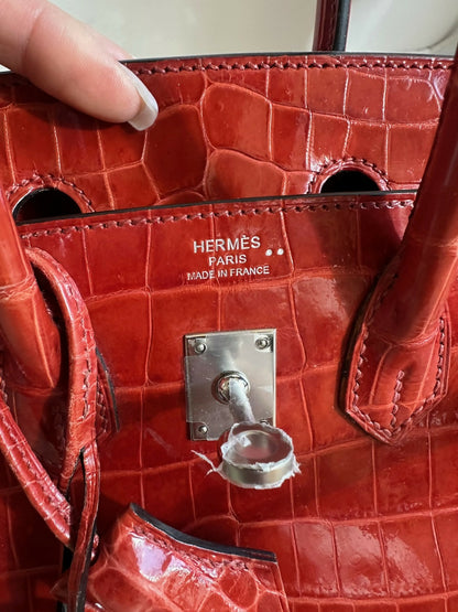 Hermes Birkin 25 Braise Shiny Niloticus Crocodile Leather Palladium Hardware