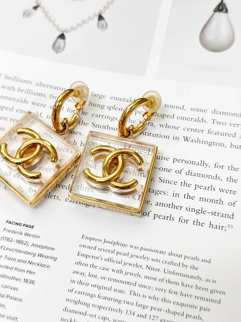 Chanel 23S gold transparent double C square acrylic earrings