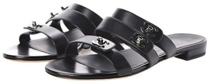 Chanel 2017 Black Calfskin CC Turnlock Mule Sandals EU 38C