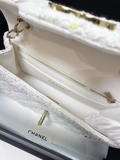 Chanel 24C white sequined tweed Min Flap CF chain bag