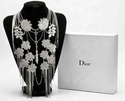 Christian Dior ‘Mata Hari’ Vintage Long Collar Bib Floral Crystal Statement Necklace ultra rare