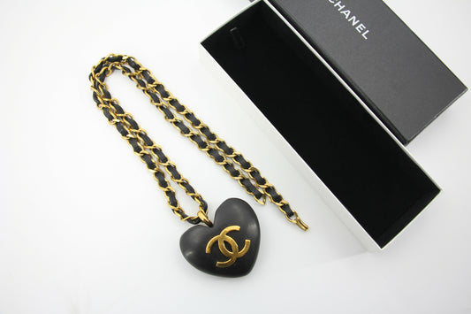 Chanel Vintage 91 Wooden Heart CC & Leather Chain Necklace