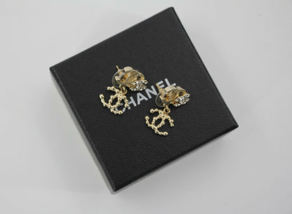 Chanel Vintage 10A Rhinestone Metal Triple CC Stud Earrings