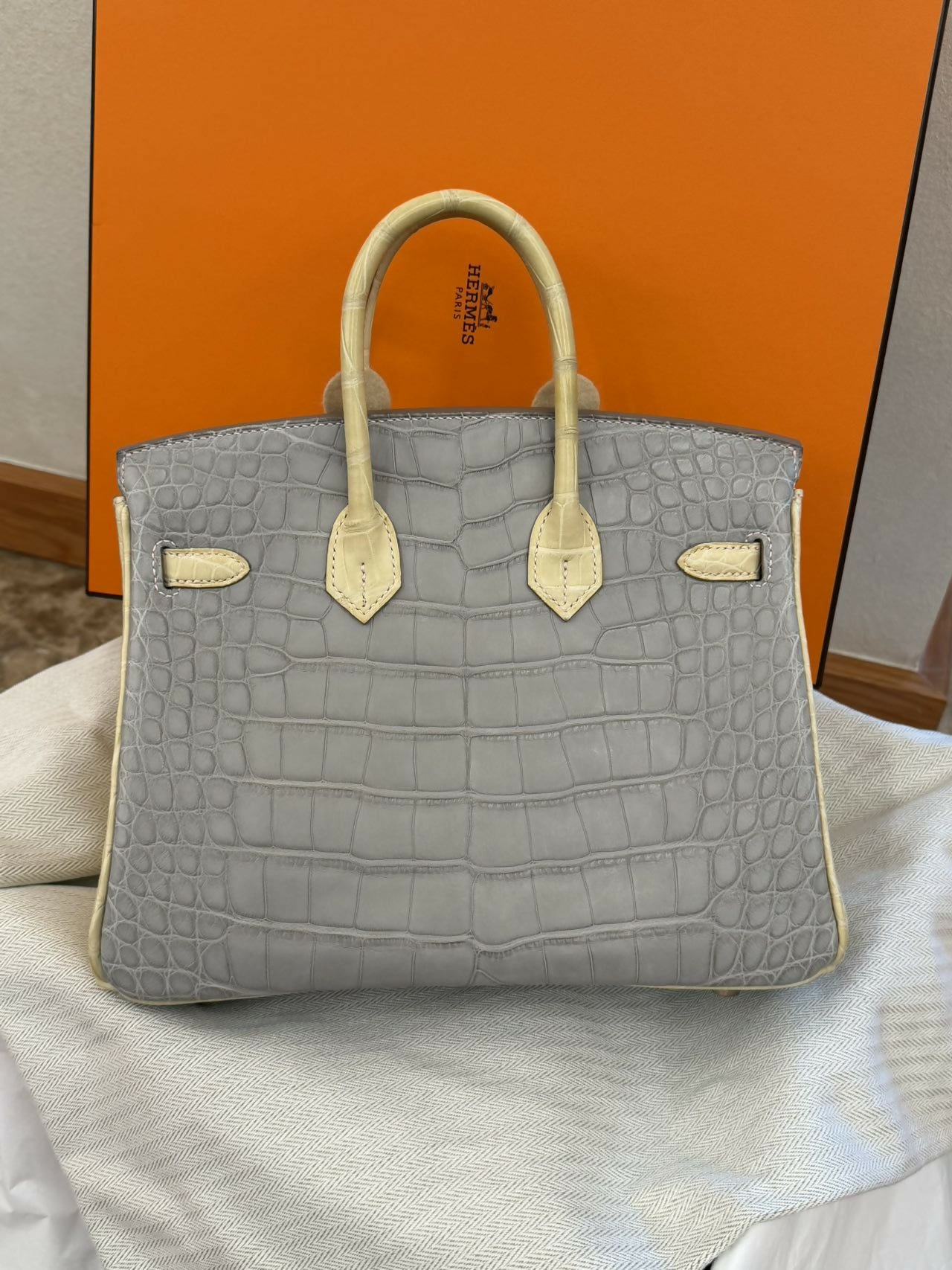 Hermès Birkin 25 Gris Perle & Vanille Alligator Matte with Rose Gold Hardware