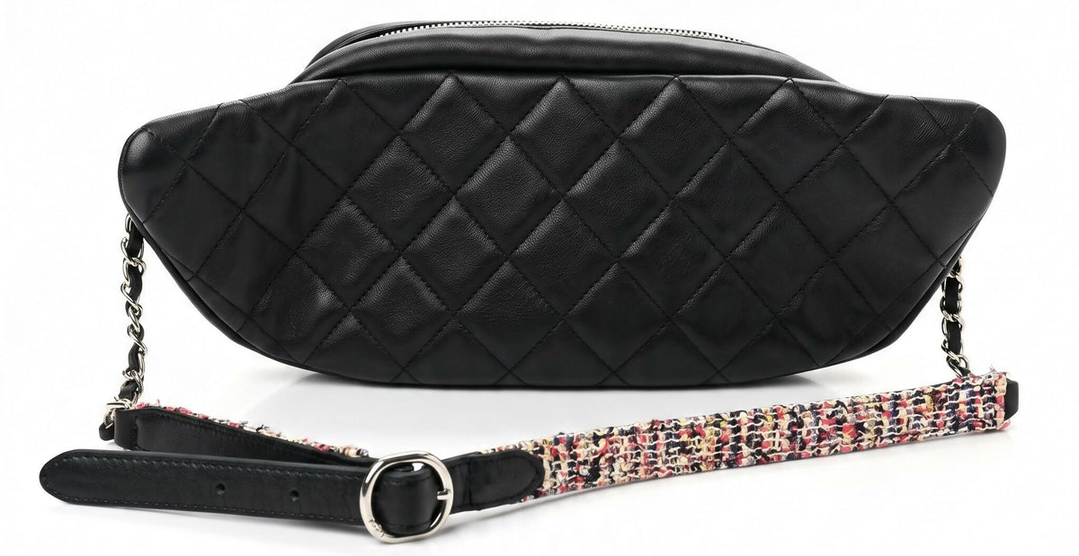 Chanel 19S Black Leather Multicolor Tweed Trim Quilted Waist Belt Bag