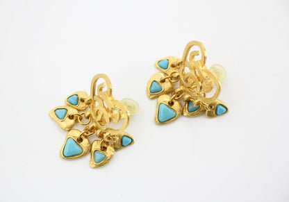 Chanel Vintage 95P Turquoise & Gold Plated Heart Dangle Earrings