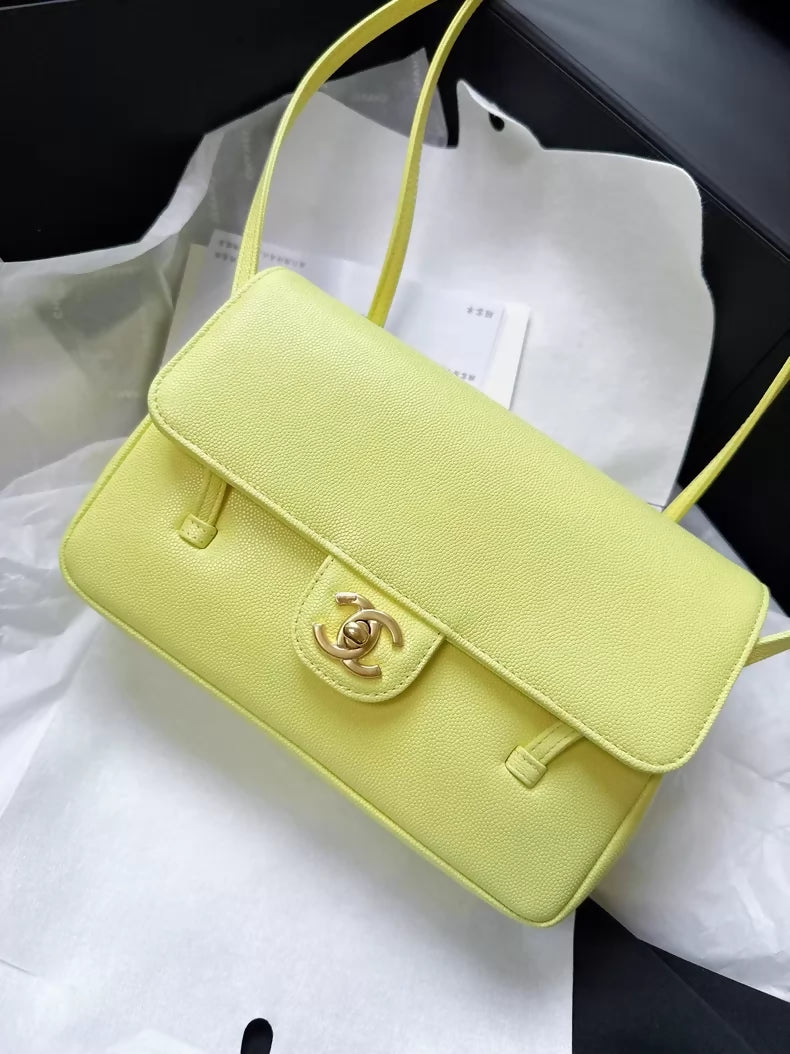 Chanel 26C Shiny Caviar Preppy Coco Shoulder Bag Light Yellow