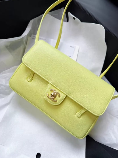 Chanel 26C Shiny Caviar Preppy Coco Shoulder Bag Light Yellow