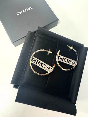 Chanel 22S Light Gold Letter Large Rhinestone Hoop Earrings