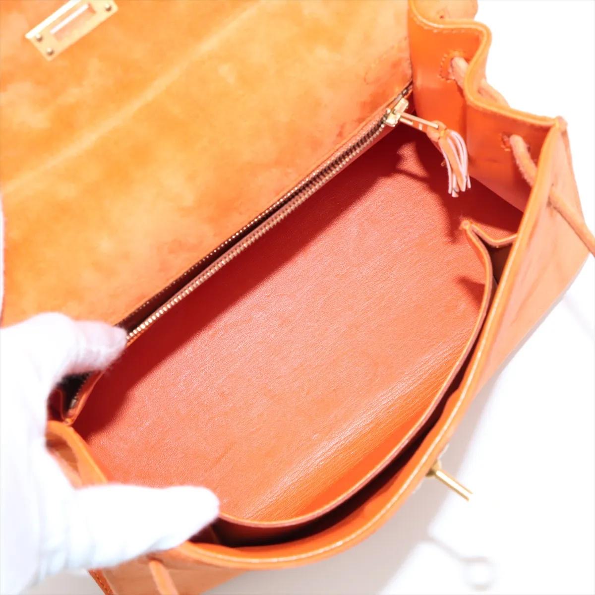 Hermes Kelly 25 Orange Doblis Suede Leather Gold Hardware