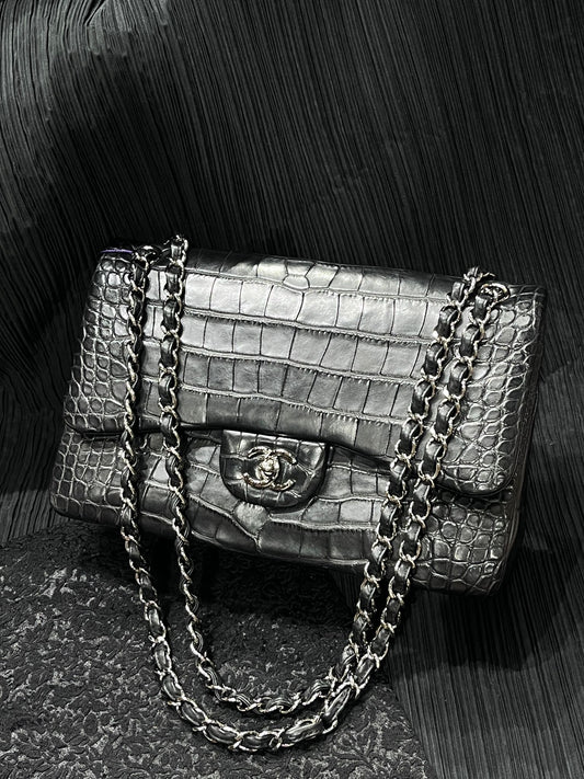 Chanel Black Matte Crocodile Leather Maxi Flap Silver hardware