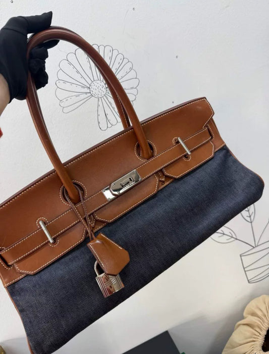 Hermes Shoulder Birkin Saddle leather and denim palladium hardware