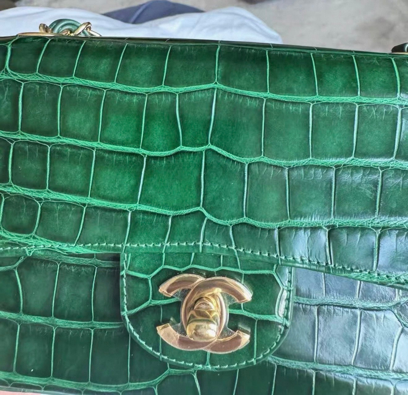Chanel green alligator leather gold hardware mini flap bag