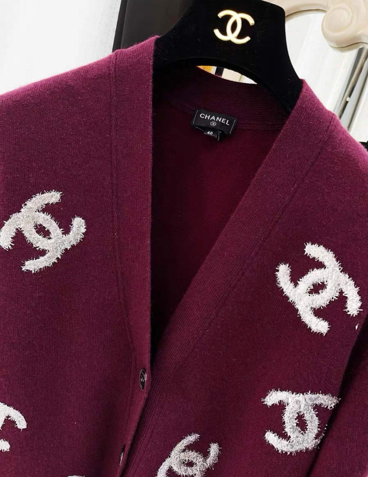 CHANEL 22A Bordeaux Cashmere Cardigan Size 40