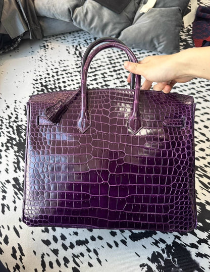 Hermes Birkin 35 Amethyst Shiny Crocodile leather palladium hardware