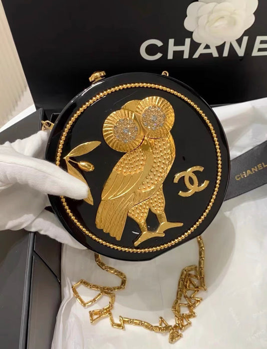 Chanel Minaudière Limited Edition Black Plexiglass & Gold Owl Gold-Tone Hardware