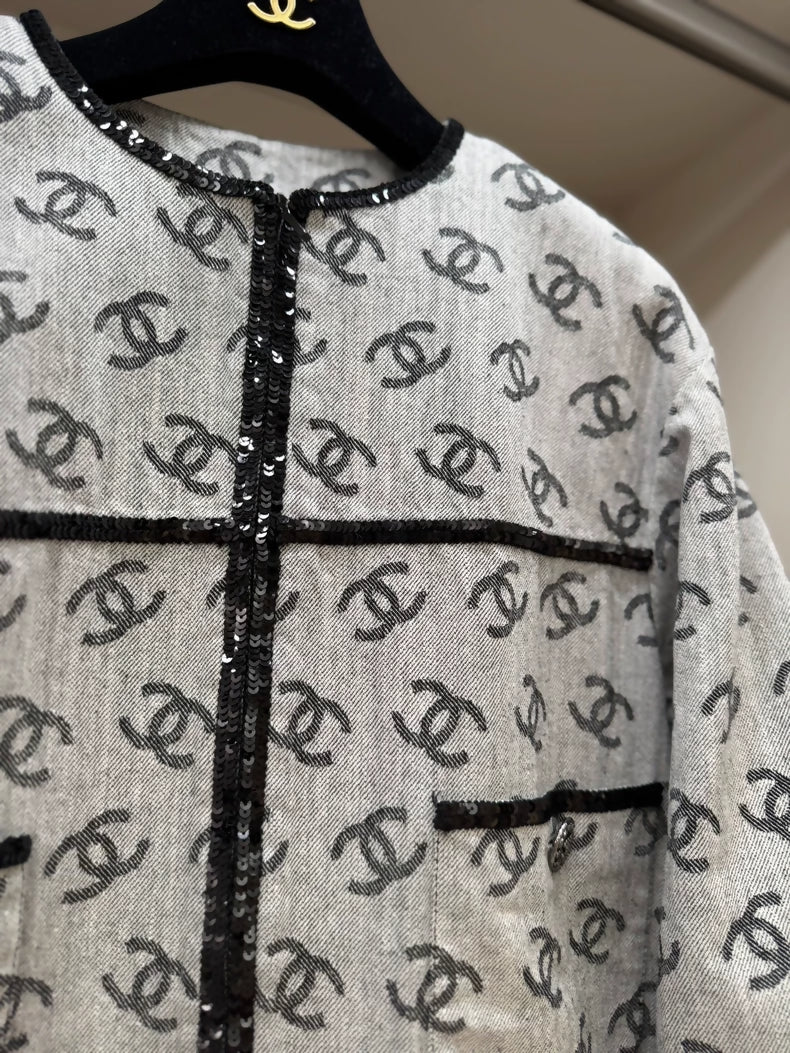 Chanel 22s grey denim CC logo jacket