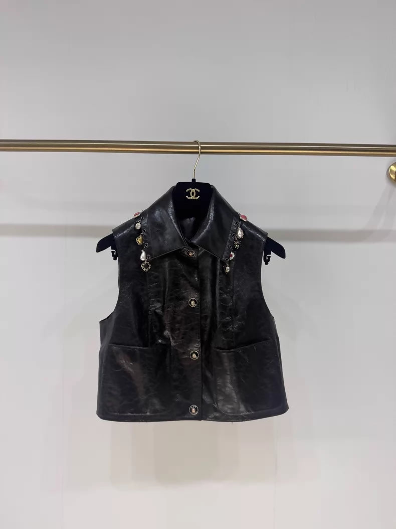 Chanel 24A Black Leather Vest with charms