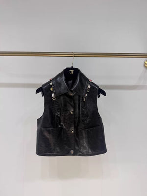 Chanel 24A Black Leather Vest with charms