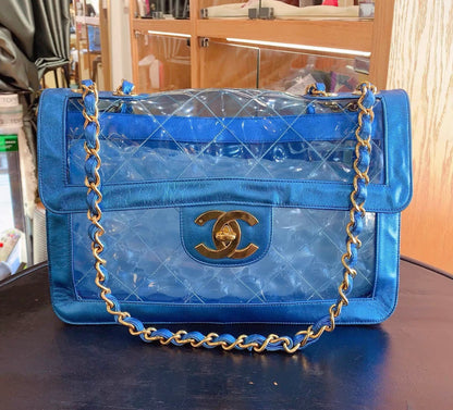 CHANEL 95P VINTAGE "BARBIE" MAXI FLAP METALLIC BLUE BAG 24K GHW CLASSIC PCI