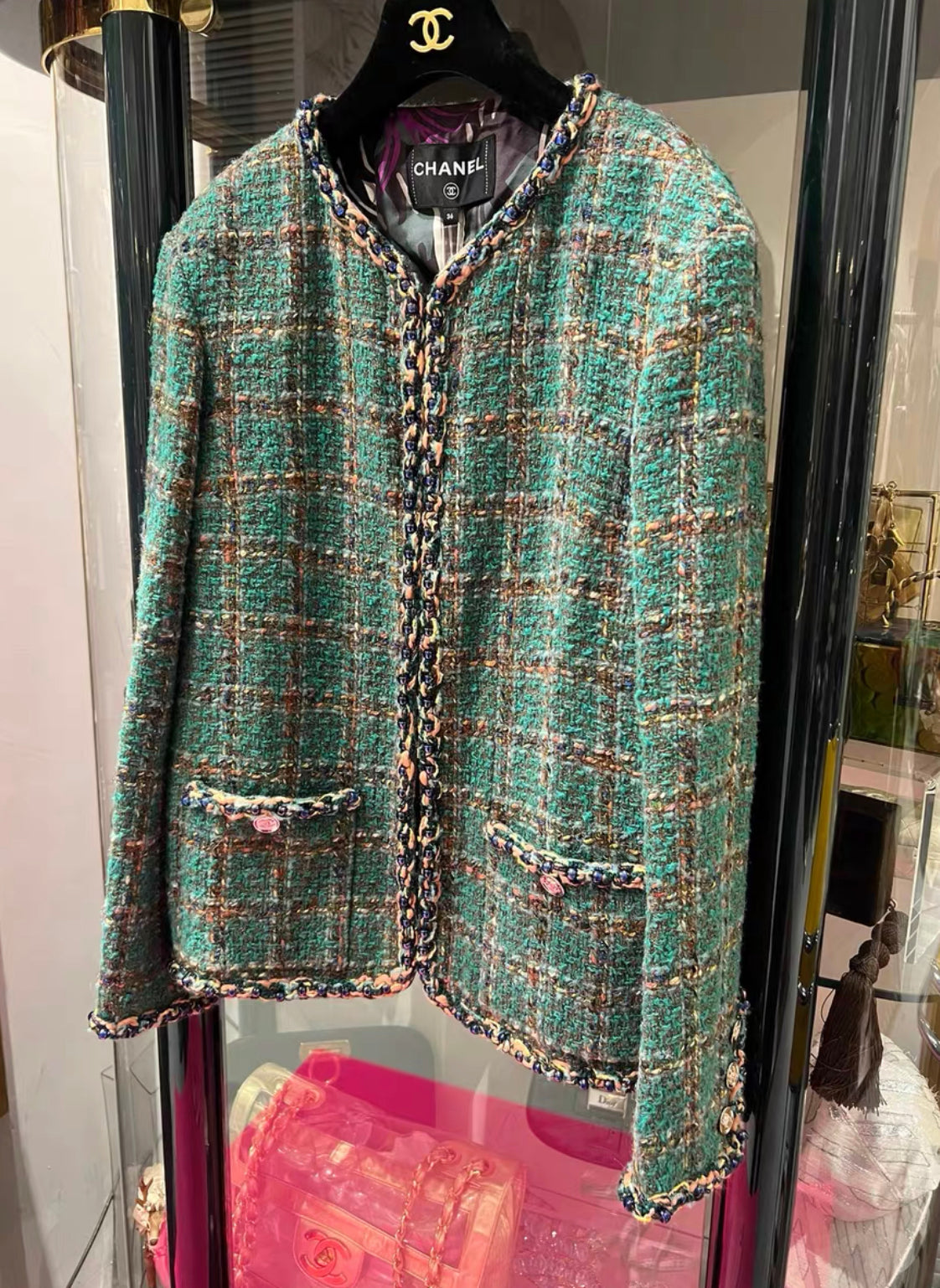 Chanel 23A Green, Orange & Blue Tweed Long Sleeve Jacket with Braided Detail & CC Buttons size 36