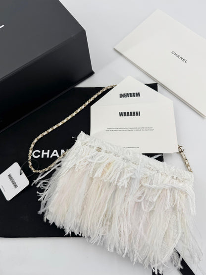 Chanel 25S Embroidered Tweed, Feathers, Imitation Pearls & Gold-Tone Metal Clutch in White