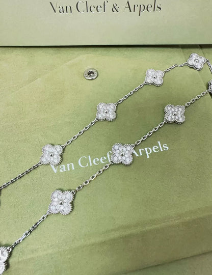 Van Cleef & Arpels 18k White Gold Diamond Set Vintage Alhambra Necklace