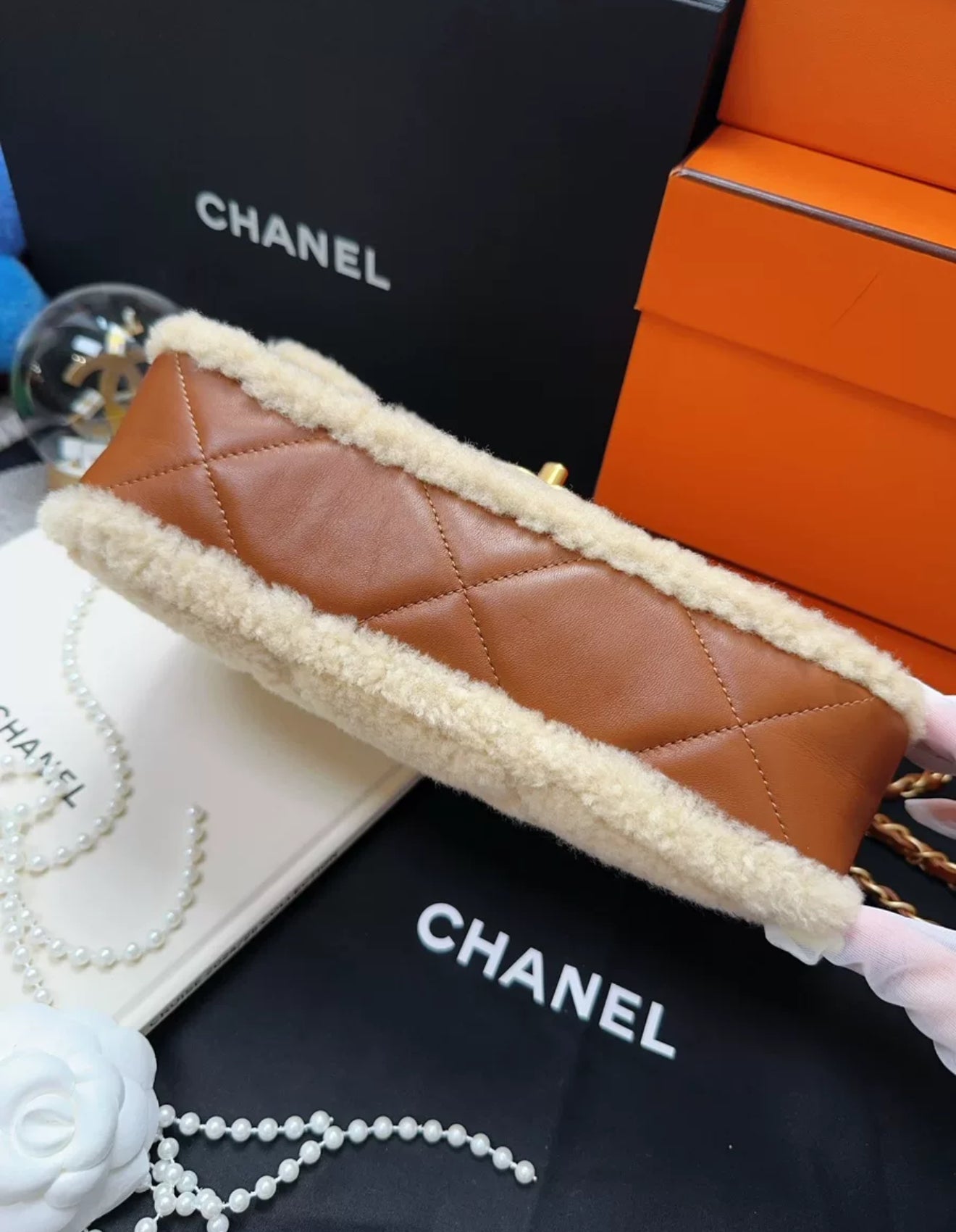 Chanel 24K shearling fur & Brown Leather flap bag