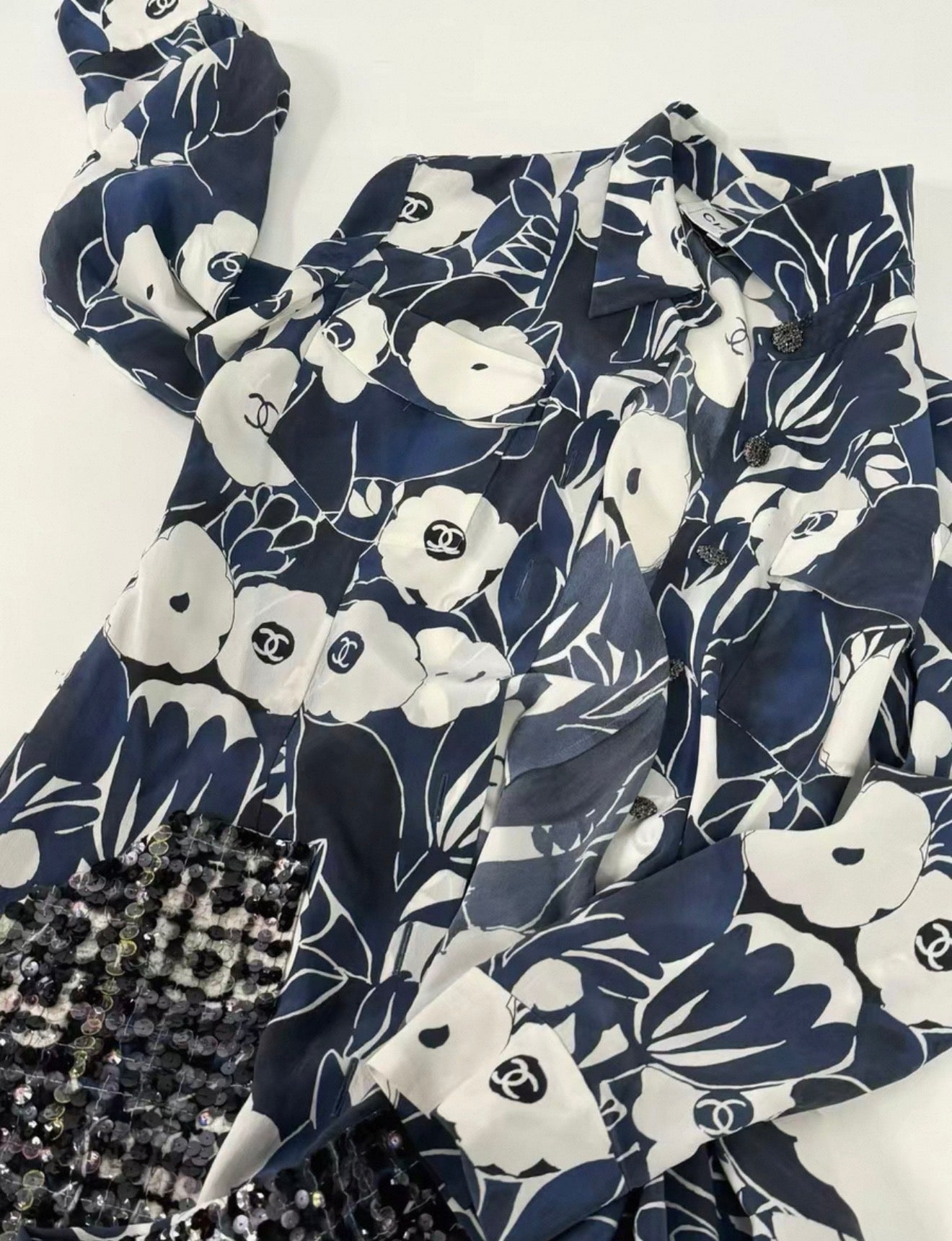 Chanel 22B Blue Silk Camellia Sequined Maxi Dress – Wararni.com