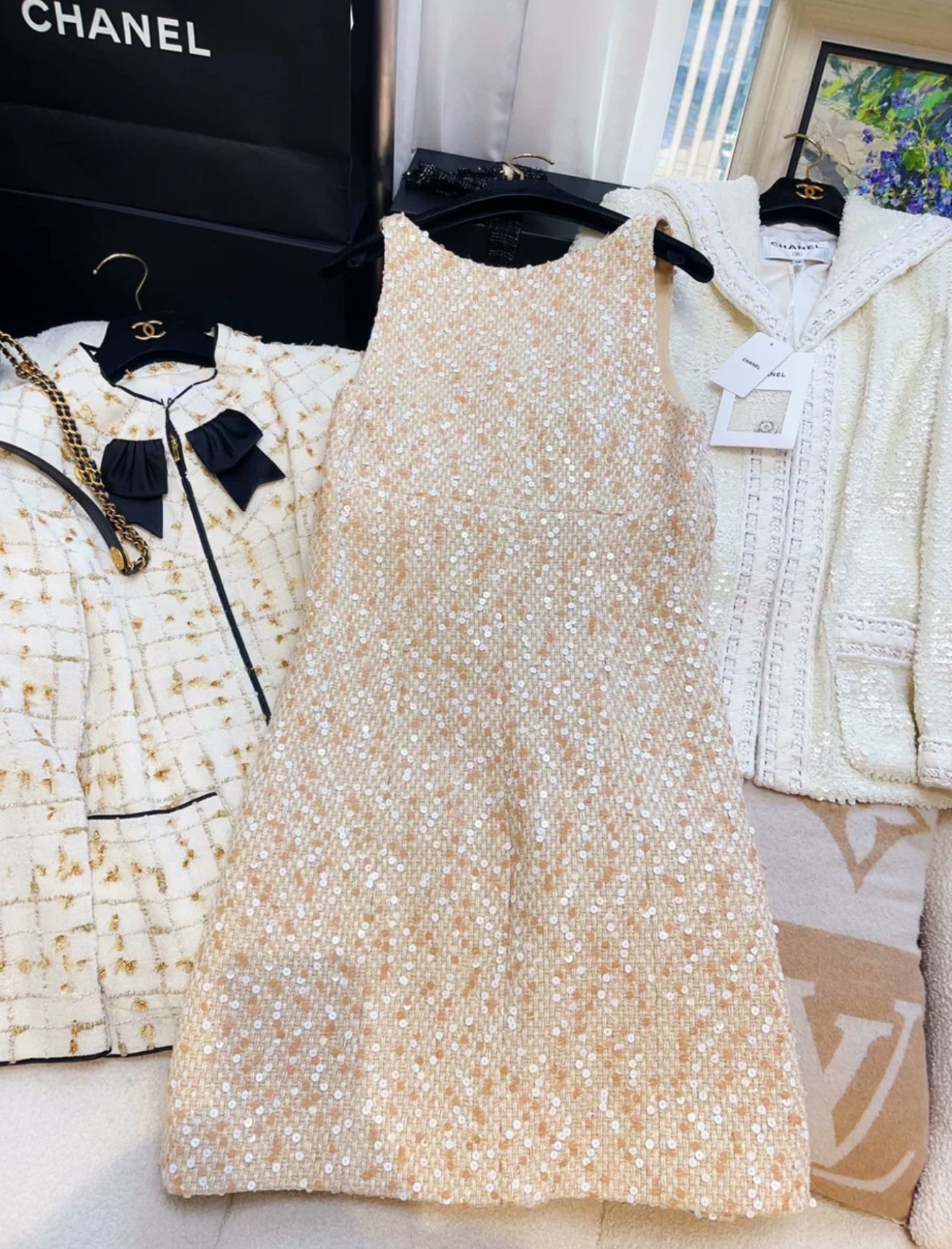 chanel sequin dress CHANEL Off Shoulder Sequin Bustier Satin Prom & Formal Dress Champagne / 12 USA