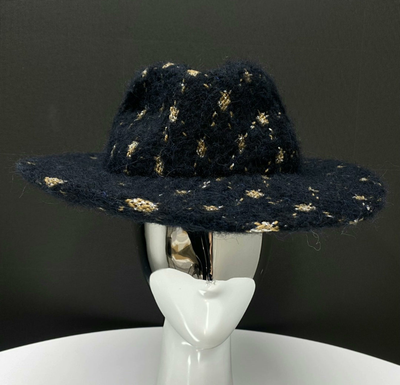 Chanel 19K Black 
Gold Wool tweed Fedora Hat