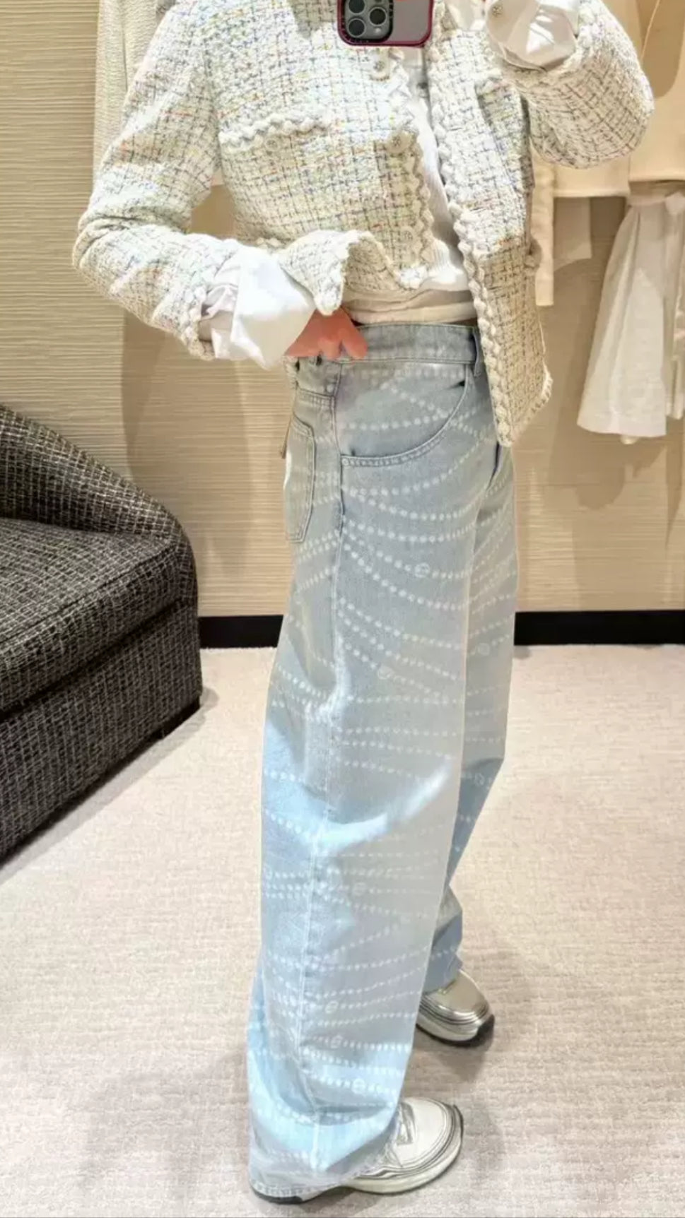Chanel 25P Light Blue Denim Pearl Print CC Logo Baggy Jeans