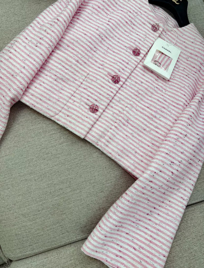 Chanel 24C pink and white striped glitter jacket