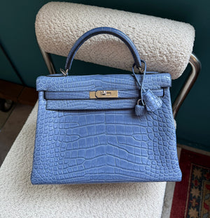 Hermes Kelly 32 blue Brighton matte alligator palladium hardware