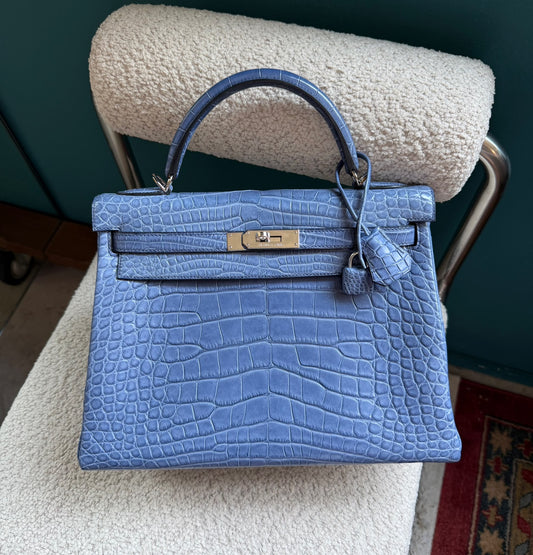 Hermes Kelly 32 blue Brighton matte alligator palladium hardware