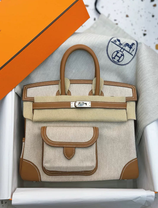 HERMÈS Limited Edition Birkin Cargo 25 in Gold Swift leather and Canvas with Palladium hardware