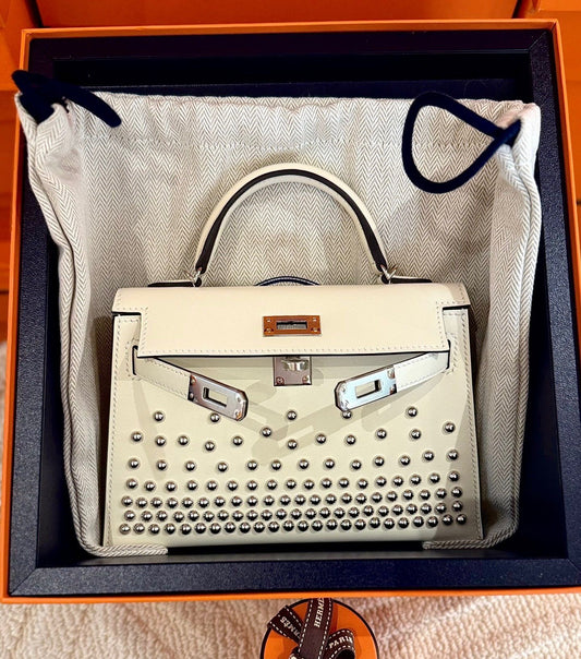 Hermès Mini Kelly 20 Clouté Cream white Nata Box Leather Palladium Hardware