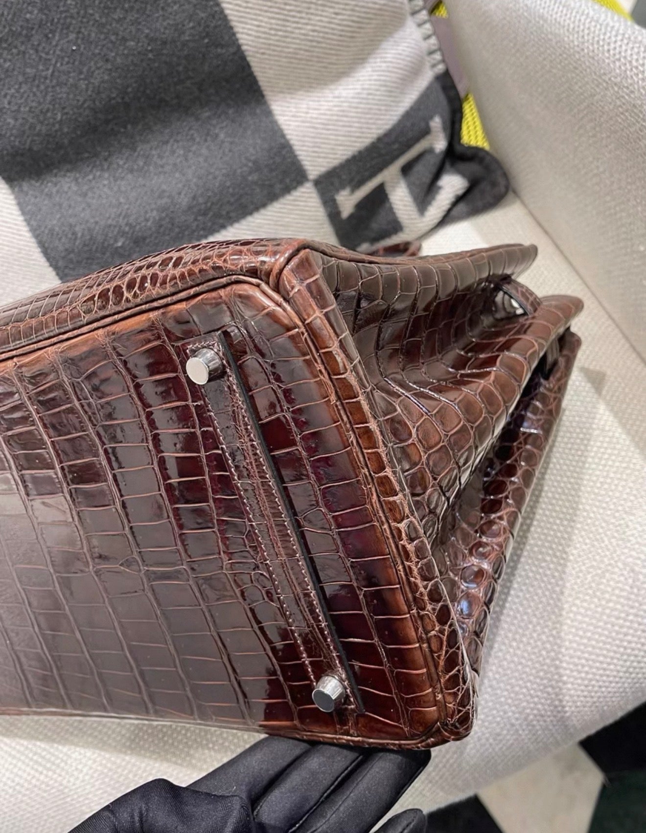 Hermes Birkin 35 brown shiny crocodile leather palladium hardware