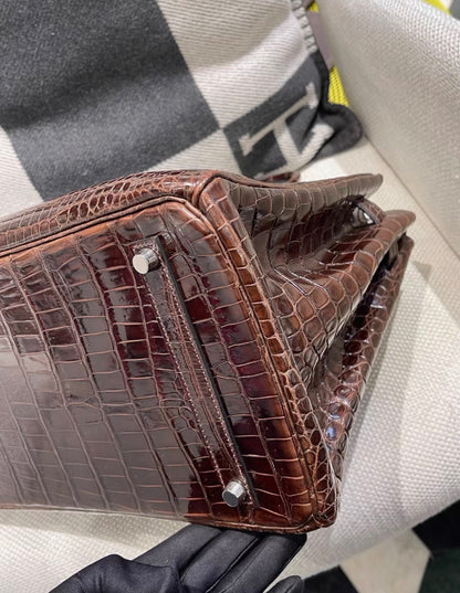 Hermes Birkin 35 brown shiny crocodile leather palladium hardware