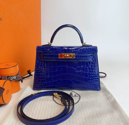 Hermès Mini Kelly Electric Blue Shiny Crocodile Leather Gold Hardware