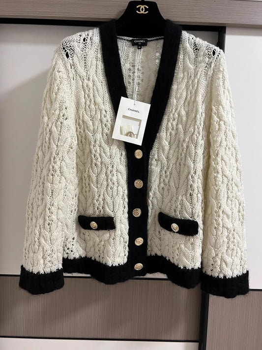 Chanel 25B black and white mohair knit cardigan
