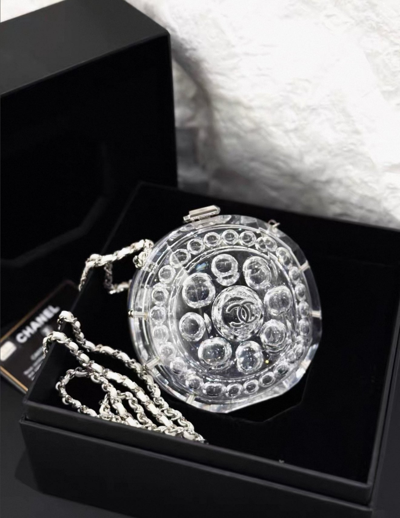 Chanel 2018 clear acrylic & silver leather minaudière bag