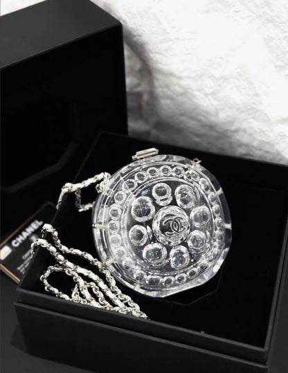 Chanel 2018 clear acrylic & silver leather minaudière bag