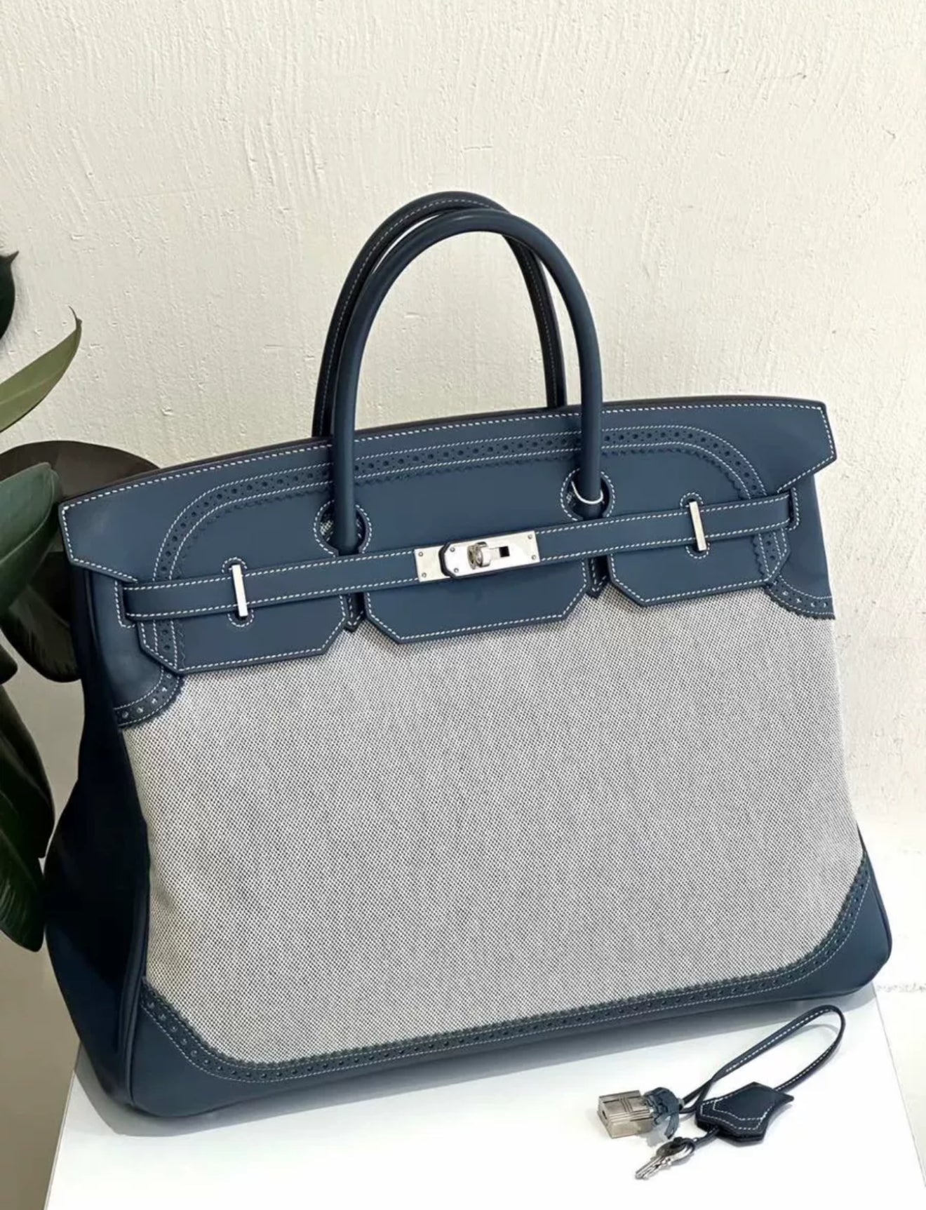 Hermes Birkin 40 Ghillies Bag Blue de Prusse Blue Toile with Palladium Hardware LIMITED EDITION