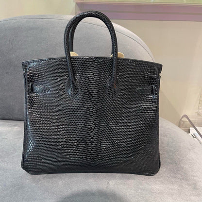 Hermes Birkin 25 Black Shiny Lizard Gold Hardware