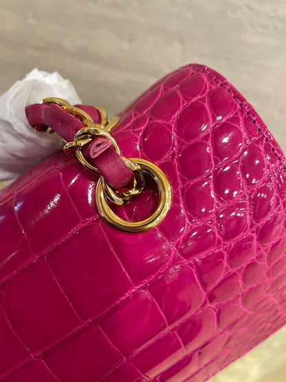 Chanel Medium Pink crocodile Alligator Flap Bag Gold Hardware