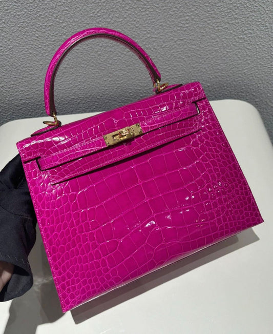 Hermes Kelly 25 Fuchsia 5J shiny crocodile leather gold hardware