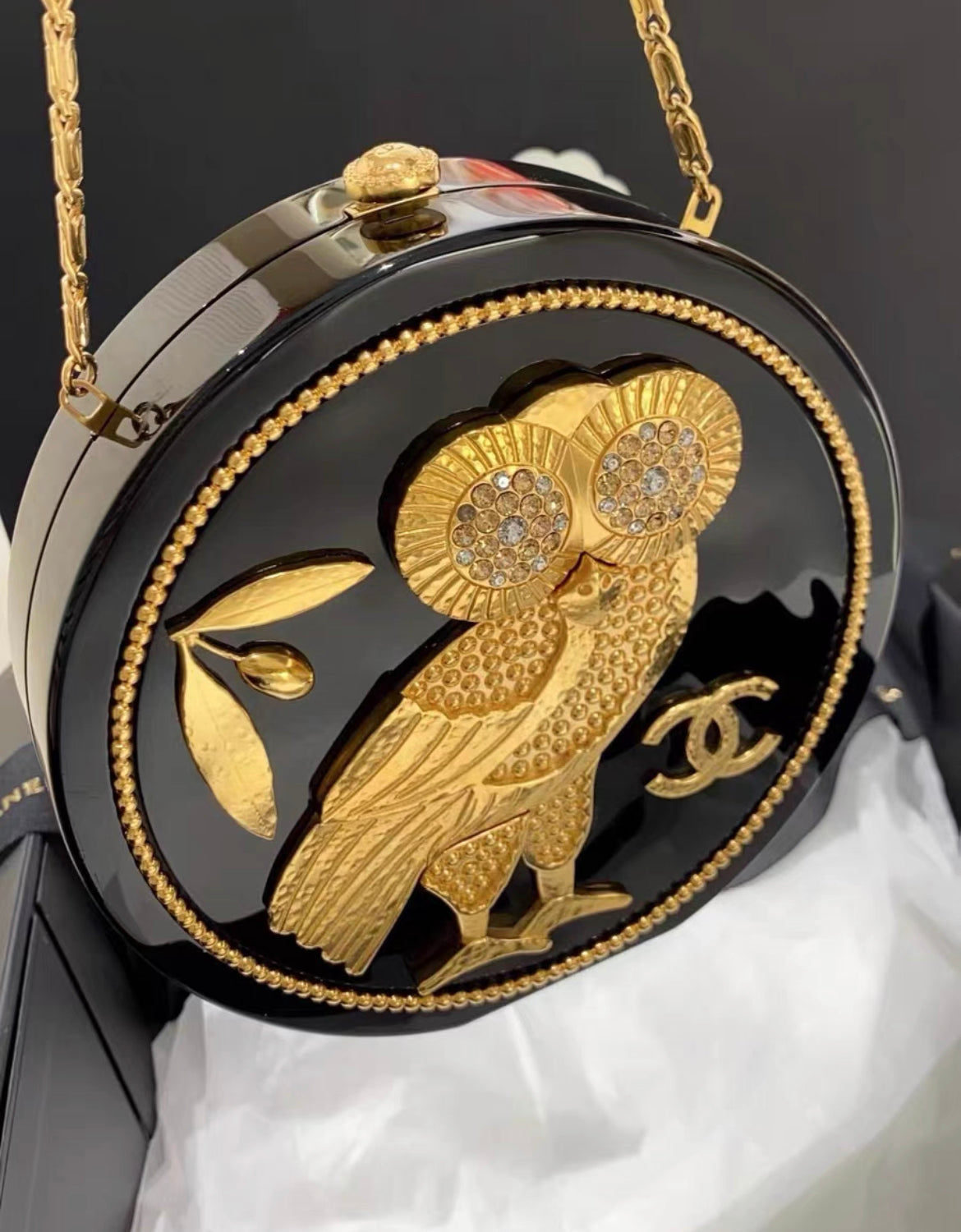 Chanel Minaudière Limited Edition Black Plexiglass & Gold Owl Gold