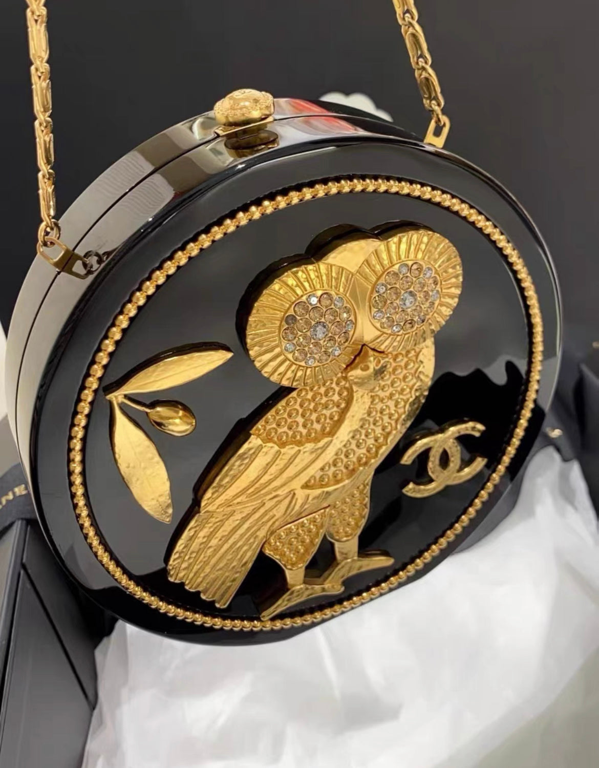 Chanel Minaudière Limited Edition Black Plexiglass & Gold Owl Gold-Tone Hardware